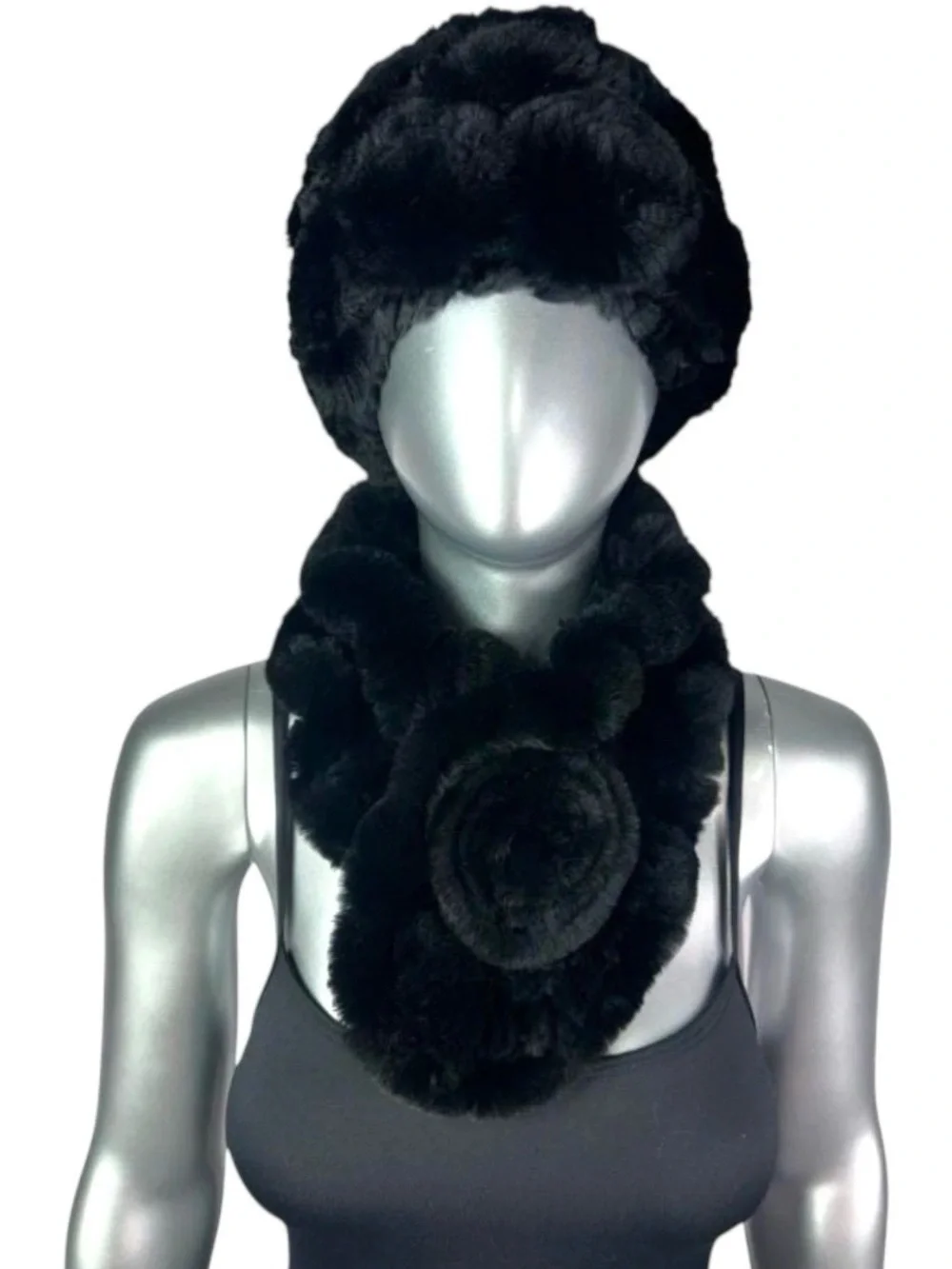Black REX RABBIT Hat & Scarf w/Rosettes, Sz 21”-23”,Stretch, CertifiedVintageFur